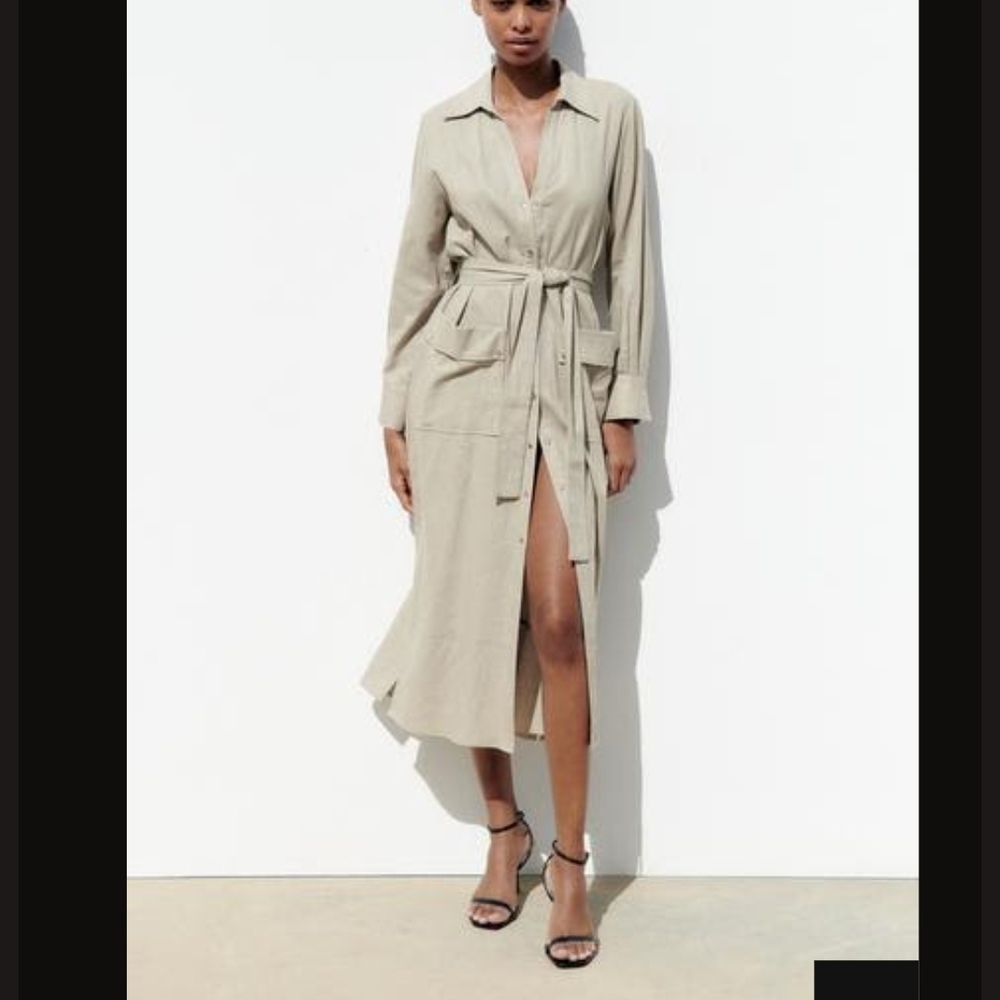 Zara Beige Belted Shirt Maxi Dress